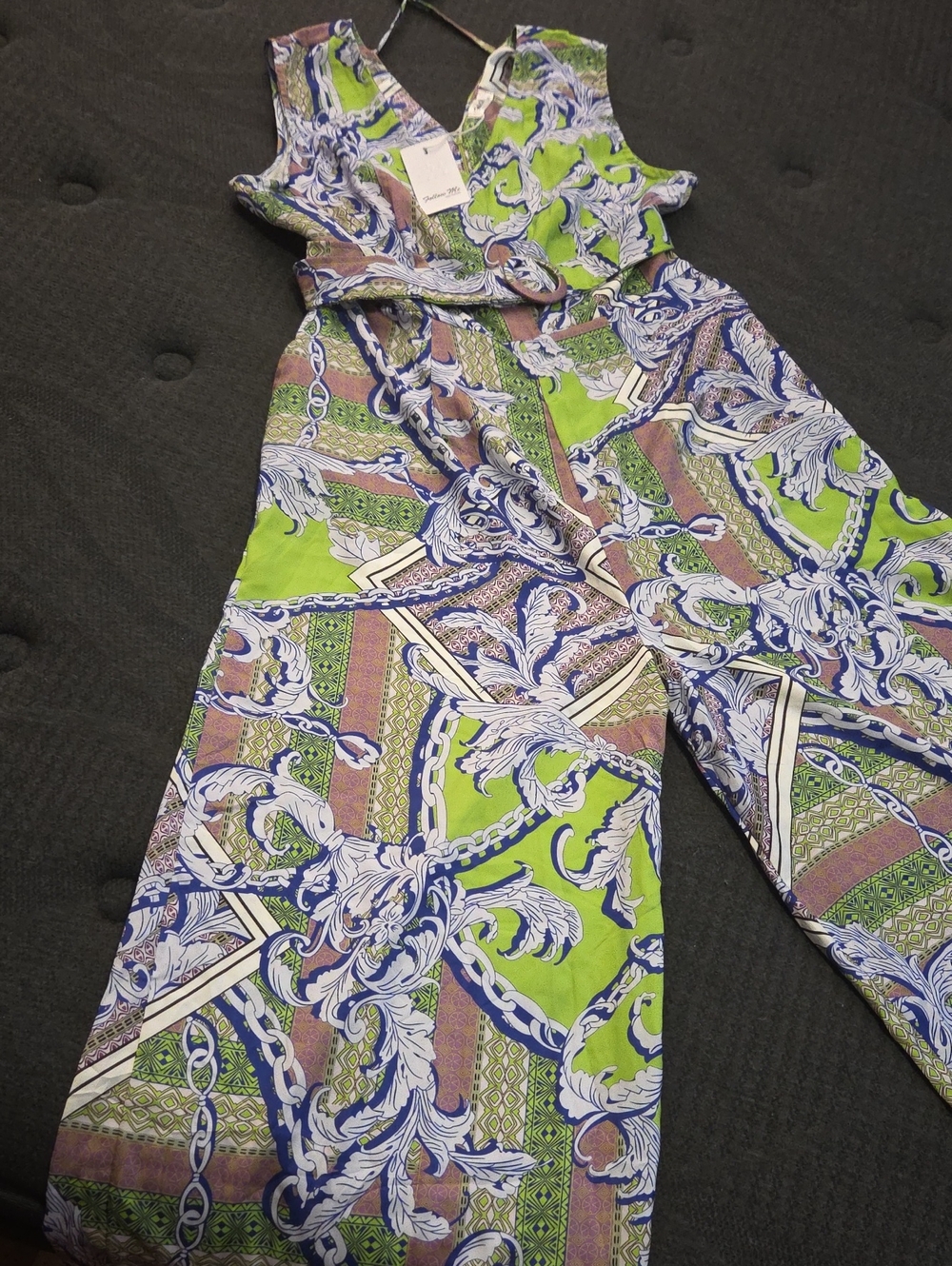 Women's Printed Wide-Leg Jumpsuit in Lime Green & Blue